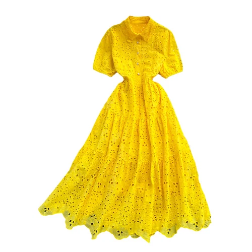 Mujeres Camisa Midi de Encaje Línea A Hueca Grande Swing Vestido Sólido Vacaciones de Verano - Imagen 3 de 25