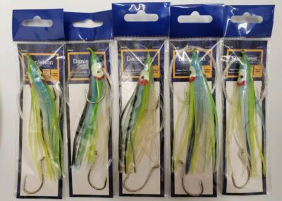Five (5) Danielson Rigged Squid Bait SQDR45137  UV Green/Blue/Black 4.5 Inch |A8