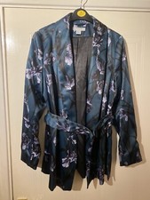 H&M Jacket Womens 10 Dark Green Floral Open Front Blazer Satin Boho Festival