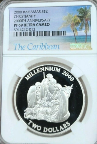 2000 BAHAMAS SILVER 2 DOLLARS CHRISTIANITY NGC PF 69 ULTRA CAMEO SCARCE TOP POP