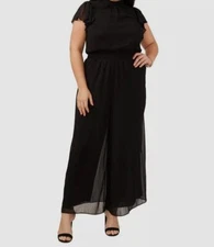 MSK Womens Black Chiffon Smocked Neck Flutter Sleeve Jumpsuit Plus Size 1X