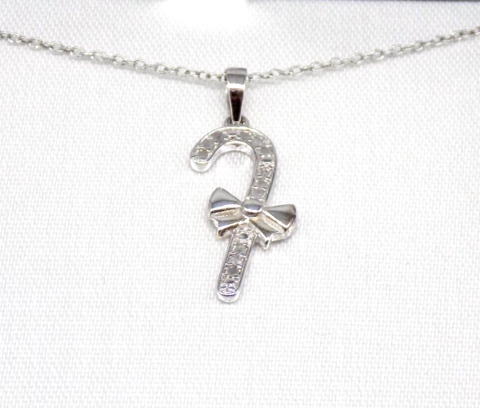  Macy's Diamond Pendant Necklace Candy Cane Christmas 925 Sterling Silver 18"    - Image 4 of 4