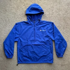 Champion Windbreaker Mens Large Vented 1/2 Zip Hood Blue Polyester Pockets