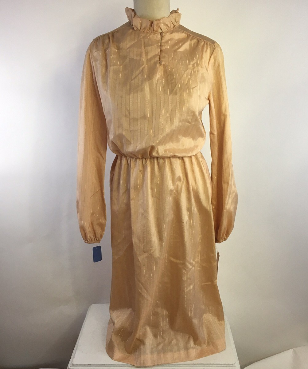 Vtg 70s Jerell of Texas Peach Gold High Ruffled Neck Mod Dress Womens 9 NWT | eBay Vtg 70s Jerell of Texas Peach Gold High Ruffled Neck Mod Dress Womens 9 NWT | eBay