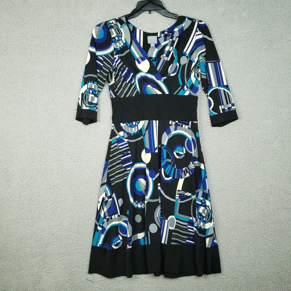 rabbit rabbit rabbit designs dresses Rabbit Rabbit Rabbit Designs Dress Women Sz 12 Blue Black Abstract Smocked  Waist