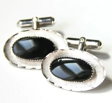 JML Sterling Silver Florentine Finish Cut Edge Frame Onyx Cuff Links Swivel Bar