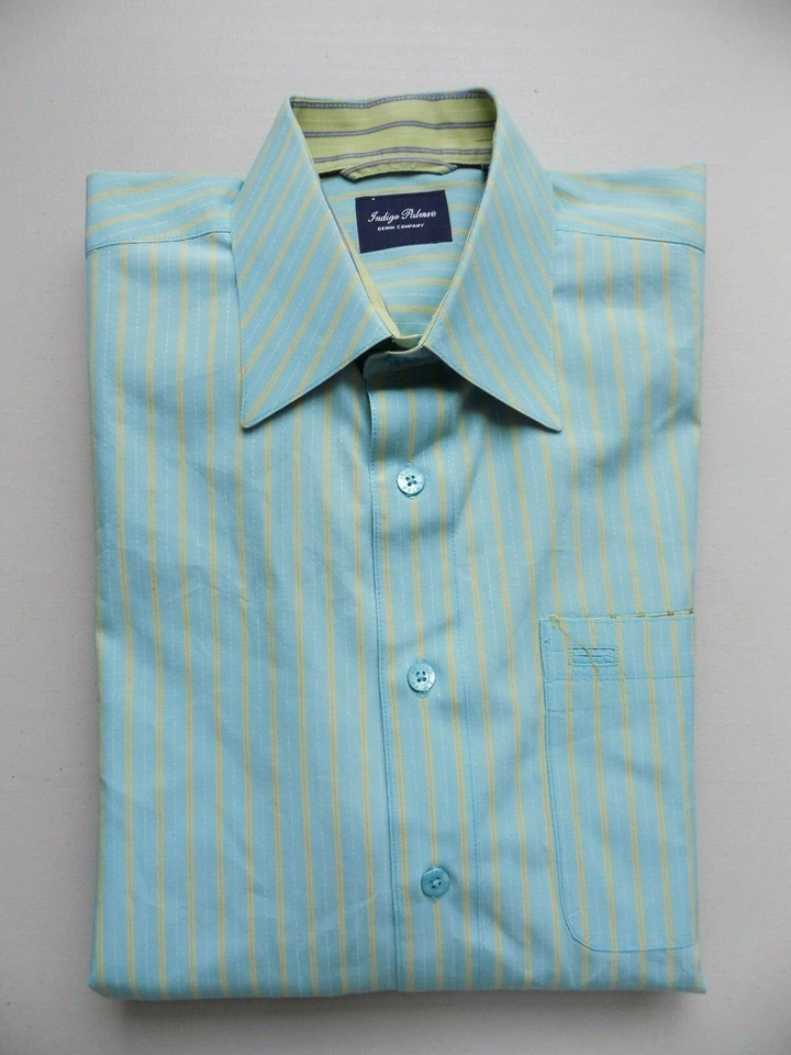 Camisa de vestir INDIGO PALMS para hombre talla grande rayas verdes 100 % algodón 16 LS Foto 3 de 4