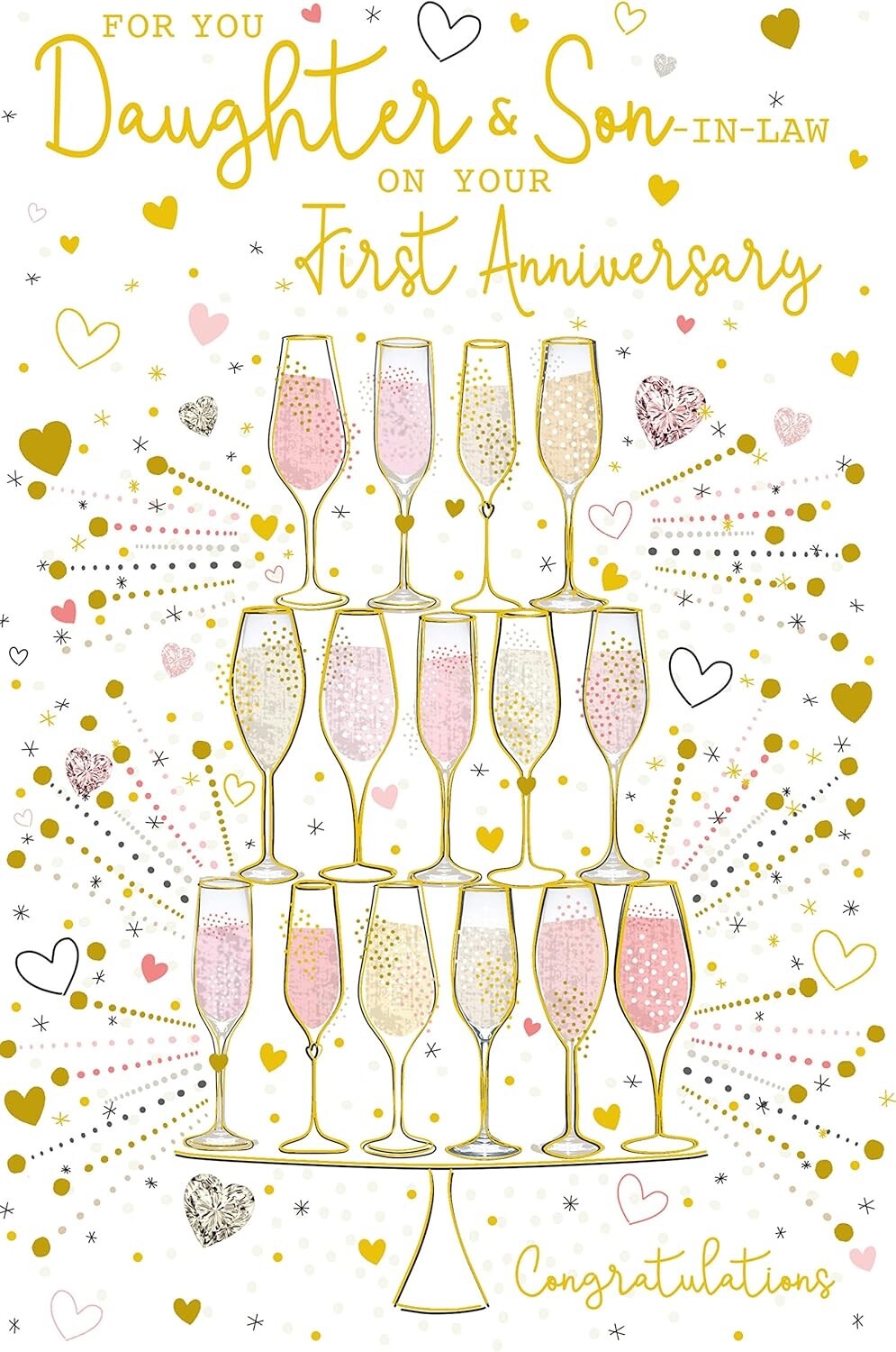 Daughter and Son-In-Law 1st Anniversary Champagne Tower Gold Foil Greeting Card