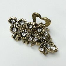 Butterfly Flowers Hair Claw Clip Gold Metal w/ White Crystal Rhinestones