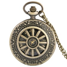 Bronze Hollow Half Hunter Quartz Necklace Pocket Watch for Men Women Roman Dial