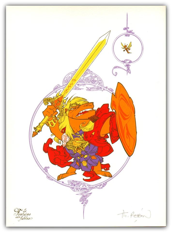 Affiche ROBIN Folle Image La Fontaine Le lion et le moucheron ex signé 24x33 - Photo 1/1