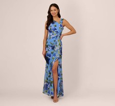 Adrianna Papell Asymmetrical Draped Floral Chiffon Gown Blue Multi sz 4 Ruffle
