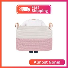 Goodpick Large Woven Rope Blanket Basket, Rectangle, White Pink