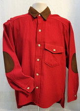 VTG Woolrich Men s Red 100 Wool Shirt Leather Elbow Pads Collar - Size L -EUC