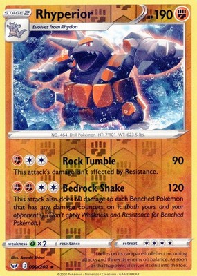 Pokemon! Sword & Shield! "Rhyperior"! Reverse Holo! #099/202! Near Mint-Mint!
