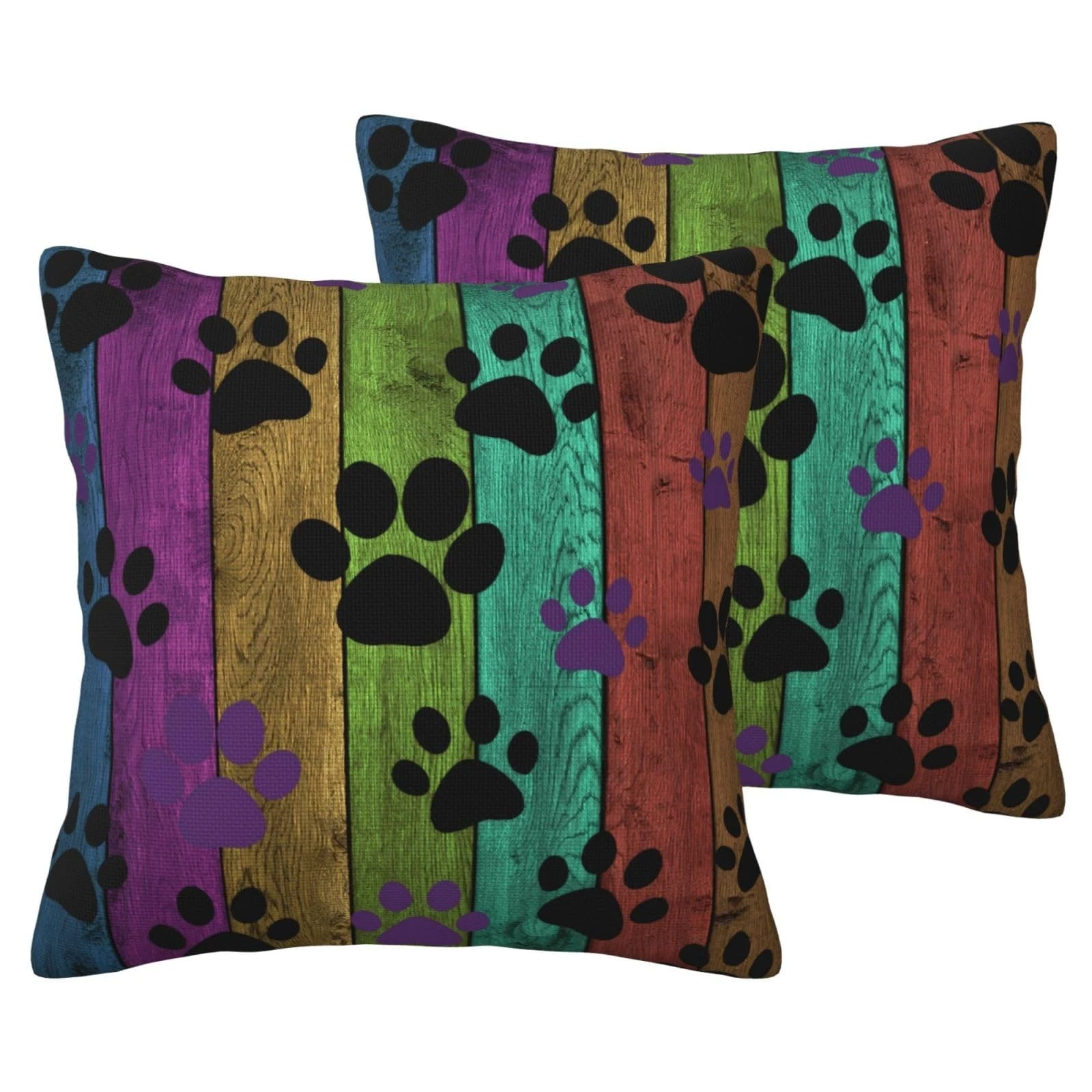 Dog Paw Pillow Covers Paw Print on Rainbow Wood Decorative Throw Pillows Cove...