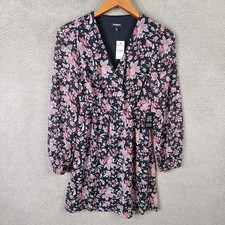 Express Dress Womens XXS Pink Black Floral Mini V Neck Long Sleeve Lined NEW