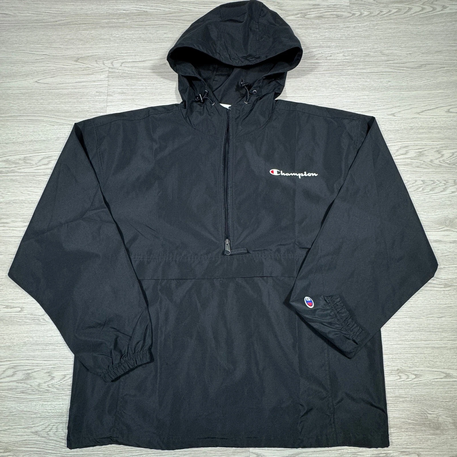 Champion Mens Anorak Windbreaker Pullover Black XL Hooded Logo