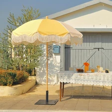 LAGarden 6Ft Fringe Patio Umbrella Vintage 50/60s Outdoor Yellow,Model: PS6-01