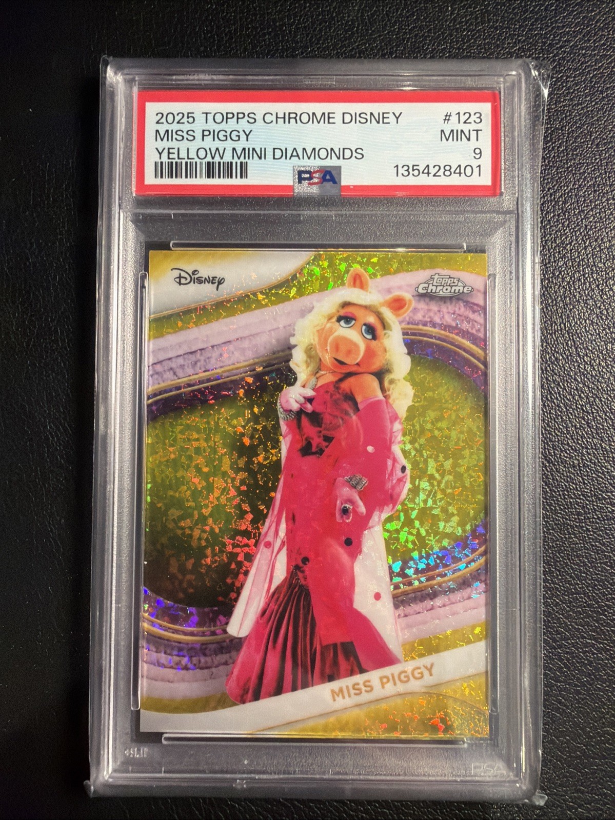 2025 Topps Chrome Disney Miss Piggy Yellow Mini Diamond Refractor #123 PSA 9