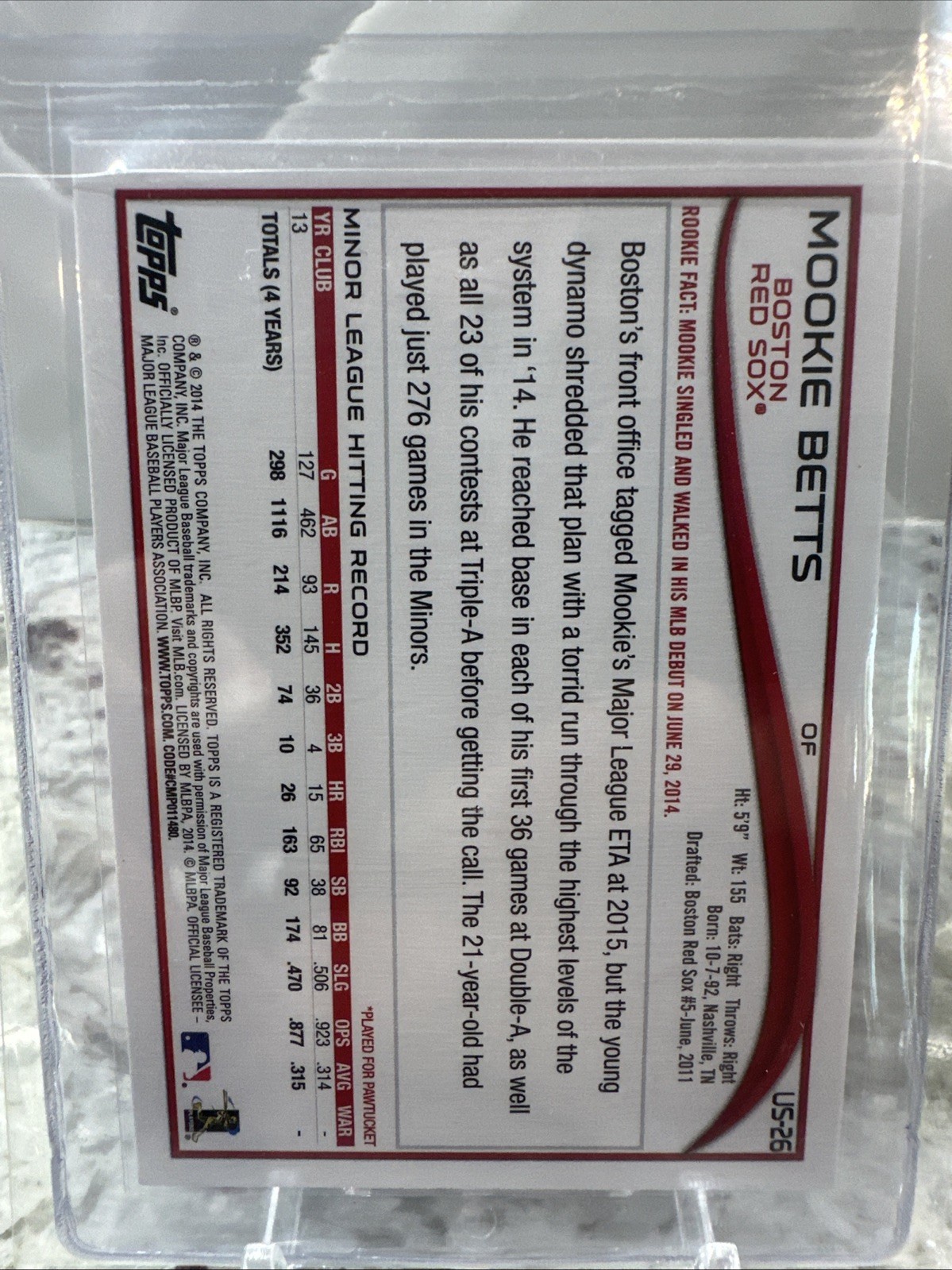 2014 Topps Update Mookie Betts Rookie Card #US26 RC Pack Fresh Sharp Centered view 6