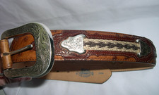 JUSTIN C11585 Western Brown Ostrich Tooled Leather Silver Concho Belt - 36" NWT
