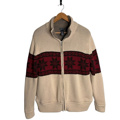 St Johns Bay Men Sweater Jacket Large Chunky Knit Fair Isle Vintage Sherpa Lined