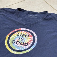 Life Is Good Shirt Womens 2XL Blue Crusher Tee Tie-Dye V-Neck Short Sleeve