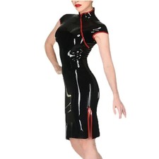 Mock Collar Short Sleeve Cheongsam Style Dress Shiny PVC Leather Split Dress