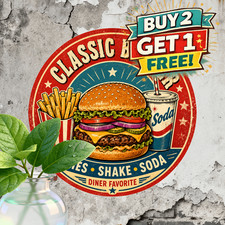 Classic Burger Fast Food Restaurant Round Metal Tin Sign Plaque 8x8