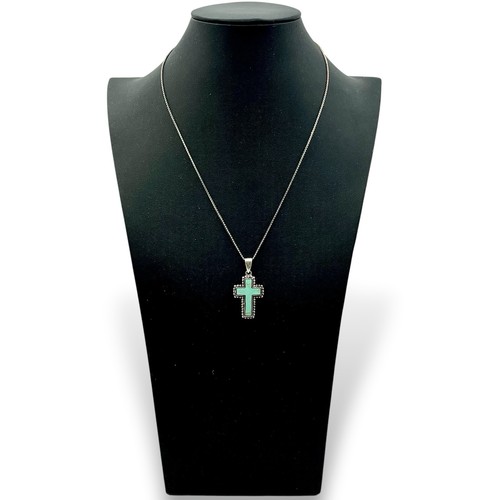 Vtg Sterling Silver Turquoise Blue Green CROSS Necklace 18” Italy Chain 6g EUC
