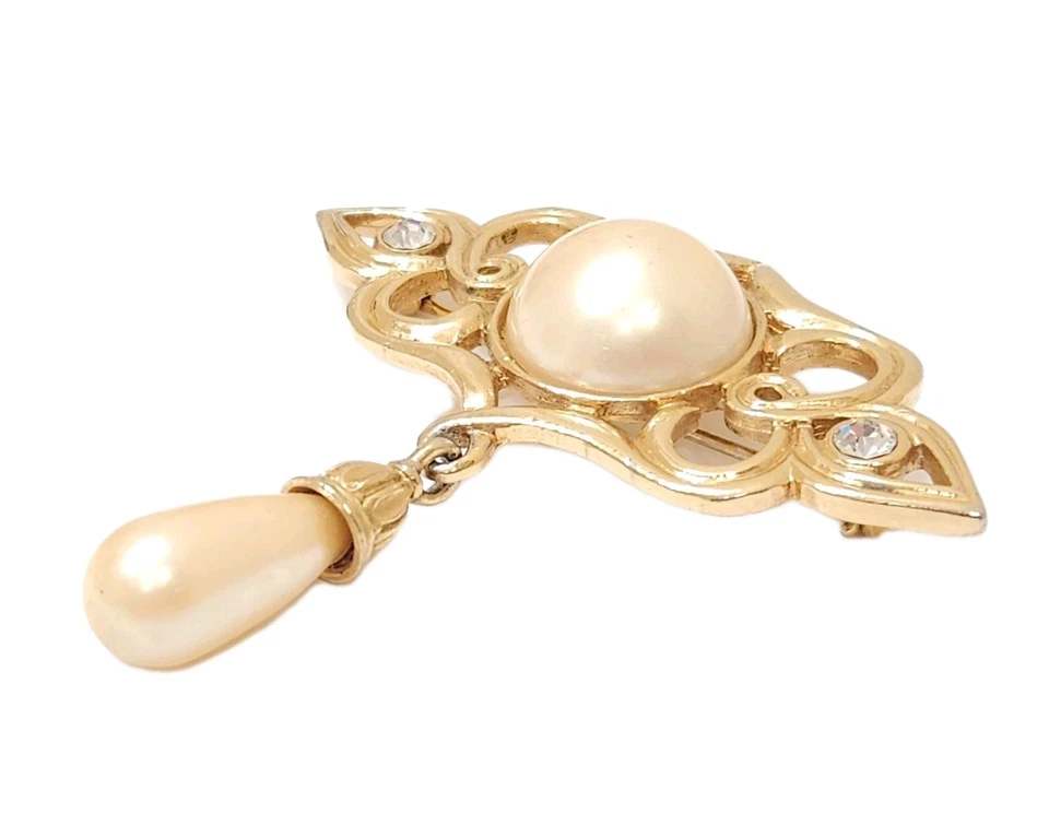 Broche prendedor vintage de lágrima redondo y colgante de cristal Remington con concha de oro de 14K para dama Foto 2 de 4