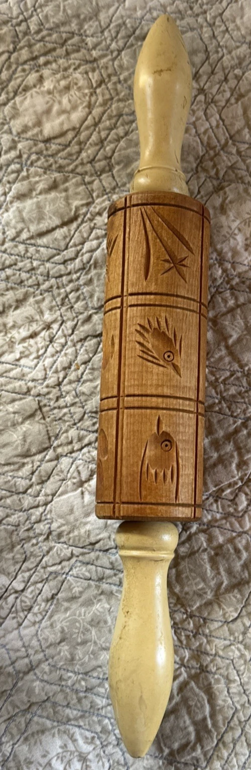 Vintage Carved Wooden Dough Rolling Pin for Springerle cookies 14 Long 2 Wide