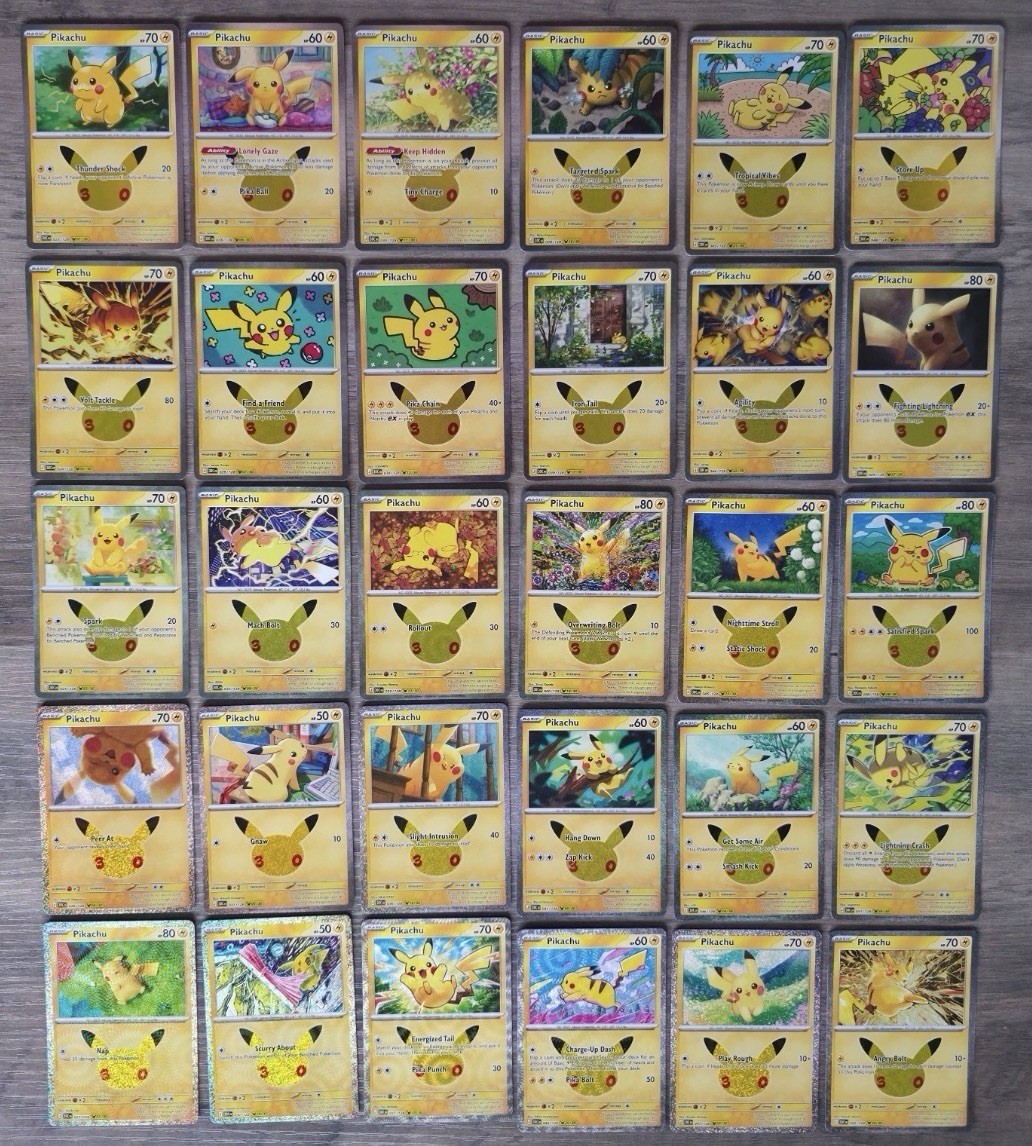 Pikachu 30th Anniversary Celebration Pokemon TCG Pikachu Holo Complete Set Of 30
