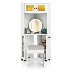 COSTWAY Corner Vanity Desk Compact Dressing Table with Mirror & Lights