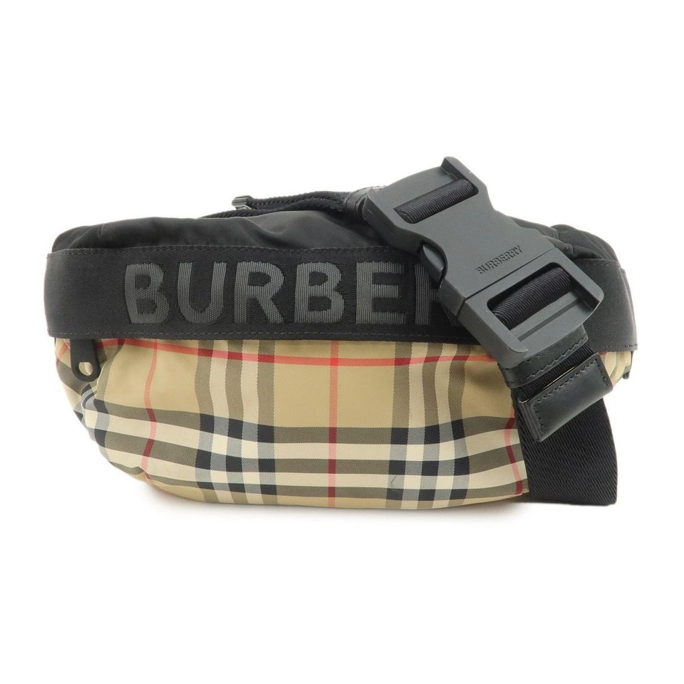 BURBERRY Nova Plaid Nylon Waist Bag Crossbody Bag Black Beige Authentic Used