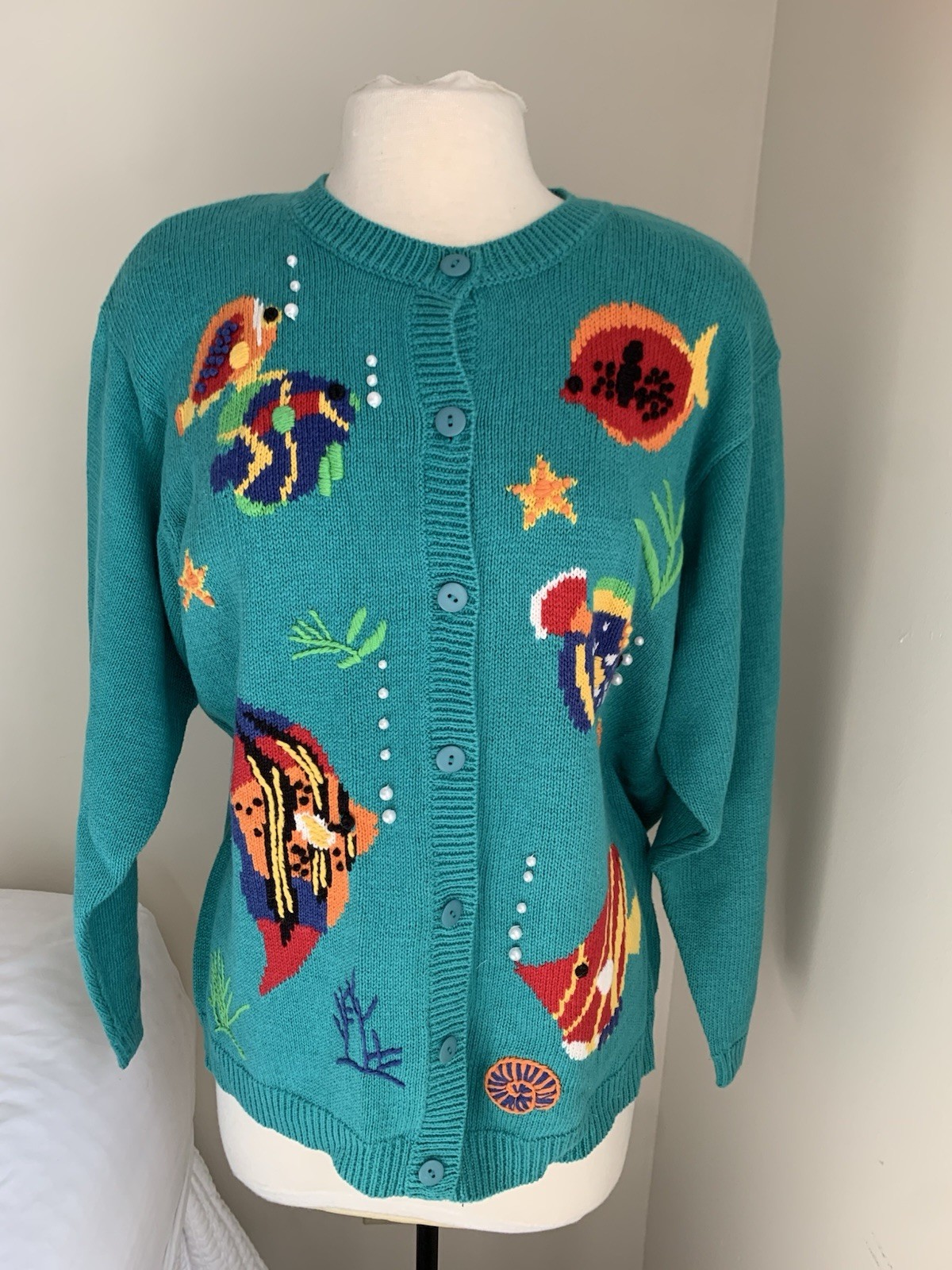 Vintage Quacker Factory Sweater Fish Motif Size Large NWT Turquoise Green