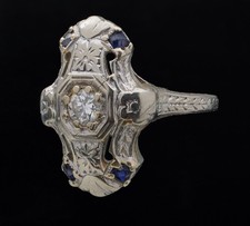 Art Deco 18k White Gold Diamond Sapphires Rin...