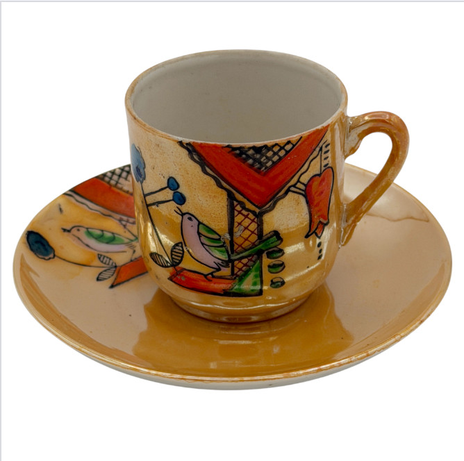 Occupied Japan Maruki China Demitasse Cup Saucer Hand Painted Bird Designs 1940s
