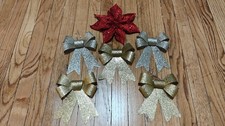 Christmas Glittery Red Flower and Gold/Silver Bows Decoration - Very Good