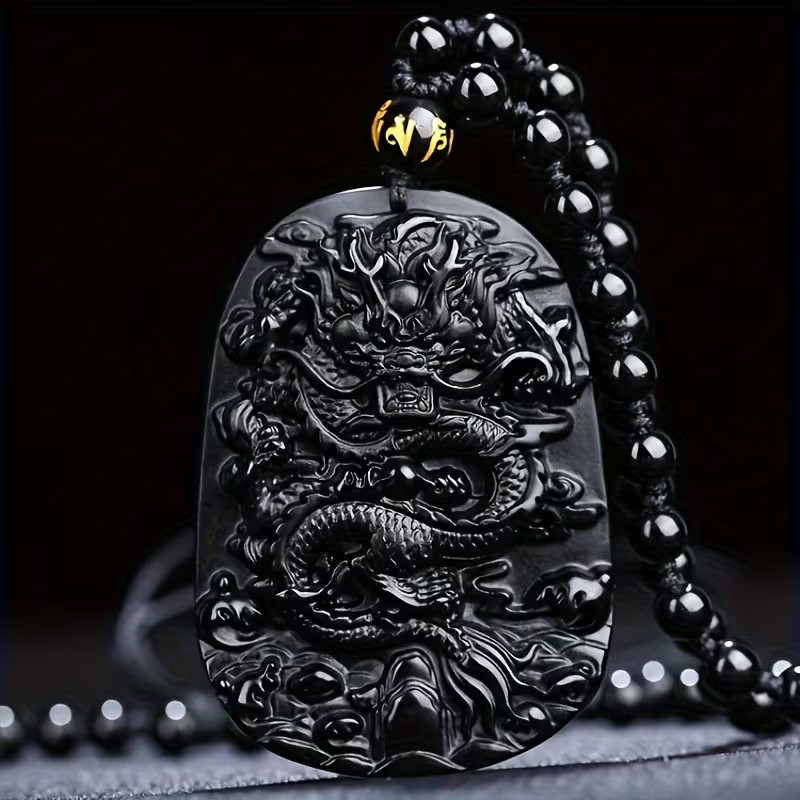 Obsidian Dragon Charm Pendant Necklace Beads Cord Handmade Carved Gemstone