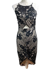 Missguided Black Lace Midi Dress Size 12 Nude Halter Neck Bodycon Party Cut Out
