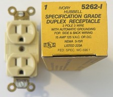 Hubbell Duplex Receptacle 5262-I 125 VAC 15 A Ivory