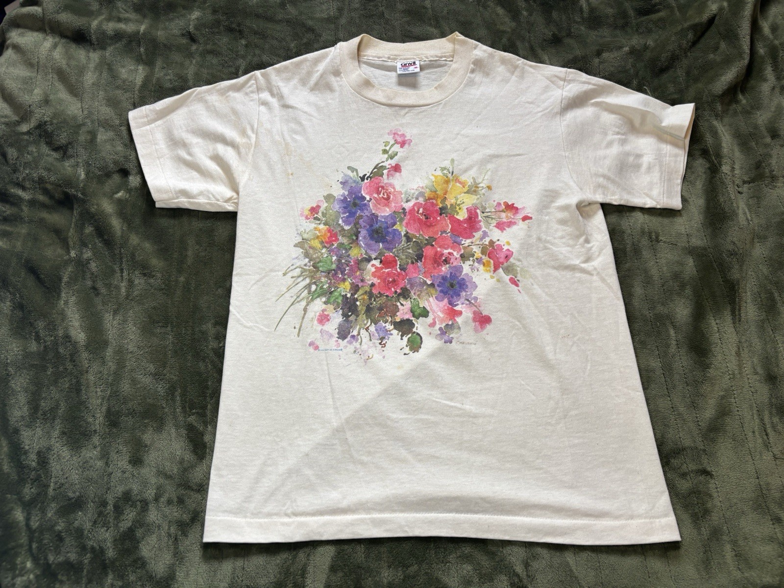Vintage Soft As Grape Floral Art Shirt Mens Large Cream 90s Flowers Water Color