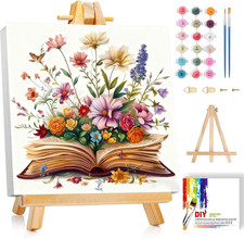 Books Paint by Numbers Kit for Adults Beginner - Wooden Easel, Flowers Paint by