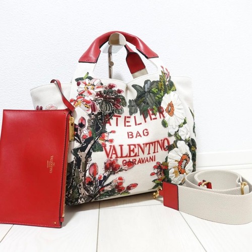 VALENTINO GARAVANI Atelier Floral Embroidered Canvas Tote Handbag White Women