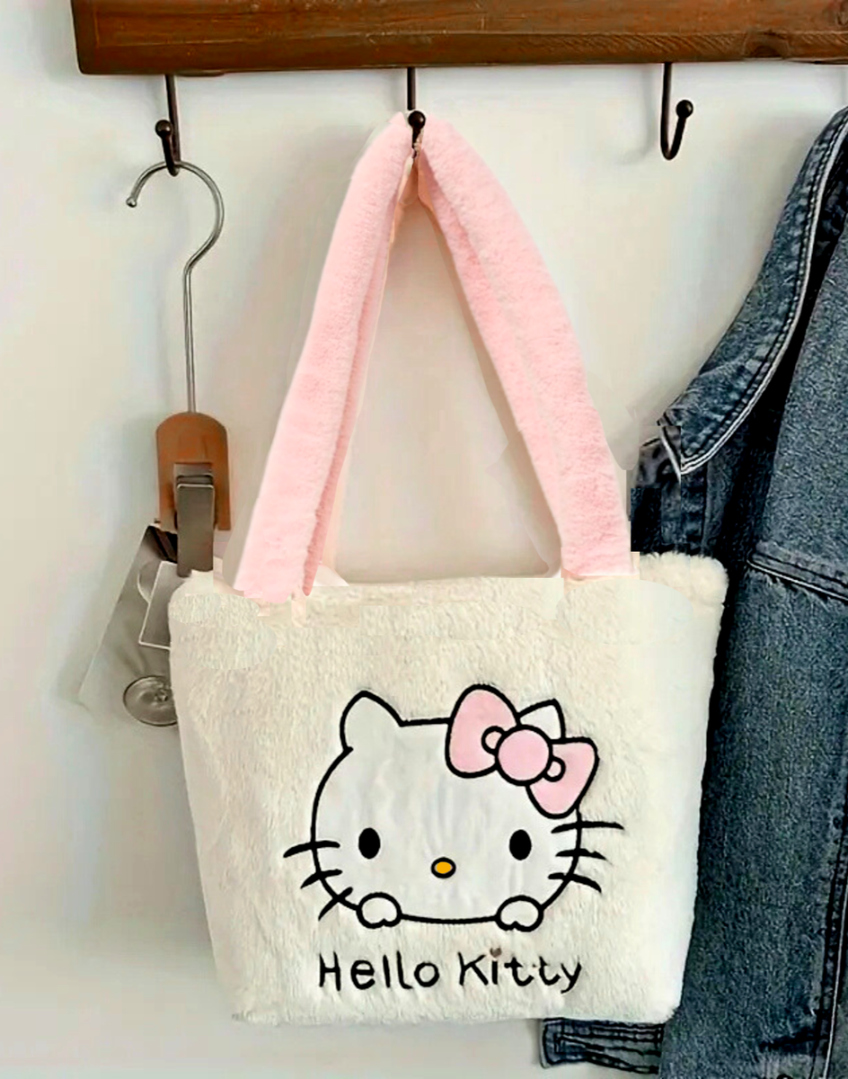 Sanrio Hello Kitty Plush Tote Bag Embroidered Face Pink Bow Fluffy
