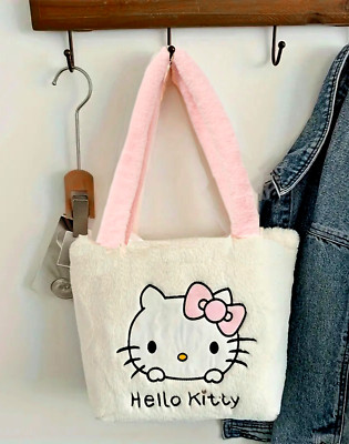 Sanrio Hello Kitty Plush Tote Bag Embroidered Face Pink Bow Fluffy Shoulder Bag