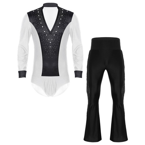 Mens Latin Tango Dance Costume Sequined Tassels Rhinestones Bodysuit with Pants - Picture 216 of 219