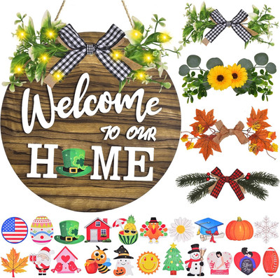Interchangeable Welcome Home Sign, Front Door Decor with 4 Seasonal Wreaths and 